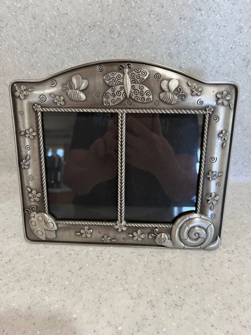 Vtg FETCO Double Photo Frame Butterfly Bees Snail Ladybug Floral Pewter ? Spring